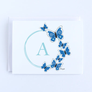 Personalized Initial with Blue Butterflies Notecard Set