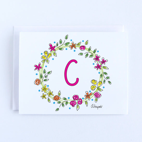 Personalized Initial Bright Flower Wreath Notecard Set