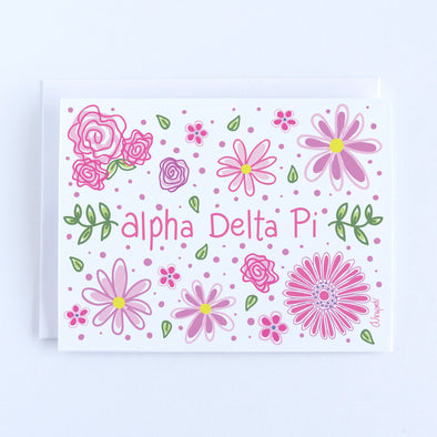 Preppy pink flowers with Alpha Delta Pi text on a notecard set