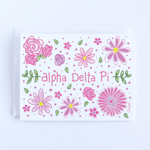 Preppy pink flowers with Alpha Delta Pi text on a notecard set