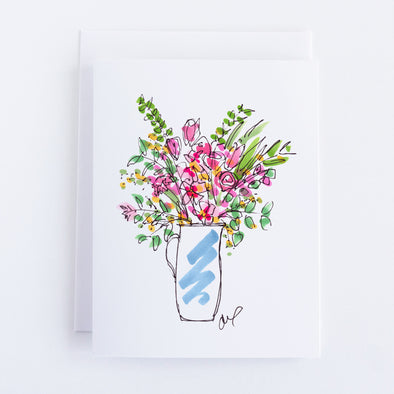 Floral notecards with pink and orange bouquet in a loosely drawn blue pitcher

