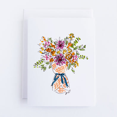 Notecard set with pink and orange flowers in a burlap bag and blue ribbon