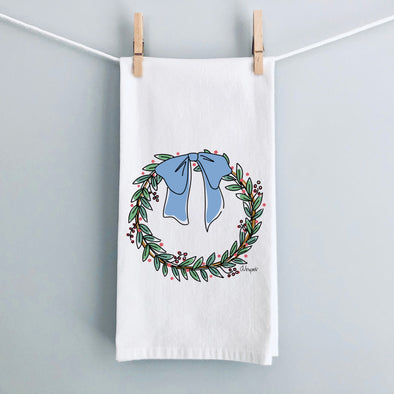 French Blue Bow Botanical Wreath Flour Sack Tea Towel