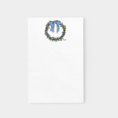 French Blue Bow Wreath notepad by Debbie Vinyard, winter stationery list pad, hostess gift idea.
