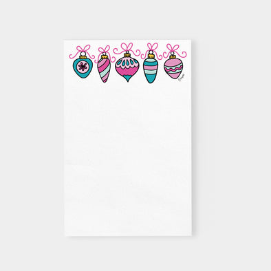 Pink Bow Christmas Ornaments notepad by Debbie Vinyard, holiday stationery list pad, hostess gift idea.