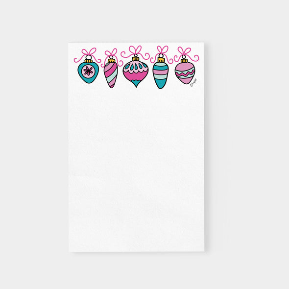 Pink Bow Christmas Ornaments notepad by Debbie Vinyard, holiday stationery list pad, hostess gift idea.