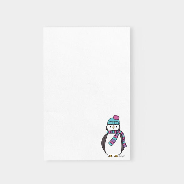 Whimsical Pippin the Penguin with a colorful scarf winter notepad