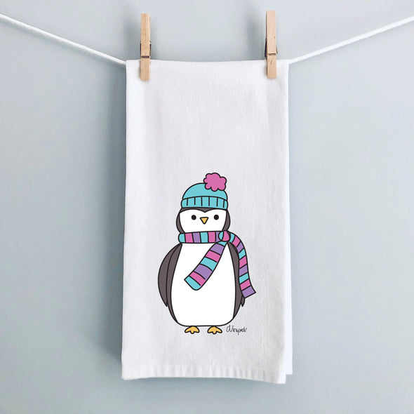 Pippin the Penguin Winter Flour Sack Tea Towel