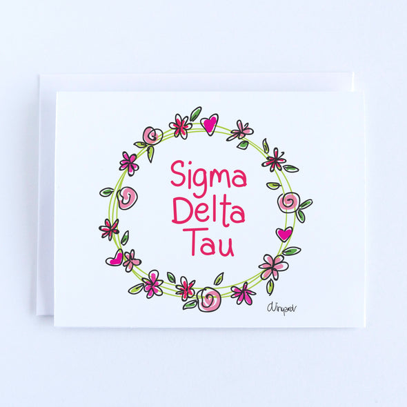 Sigma Delta Tau Flower and Heart Wreath Sorority Notecard Set