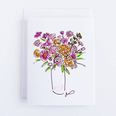 Notecard set featuring pink and orange zinnias and roses in a pink vase

