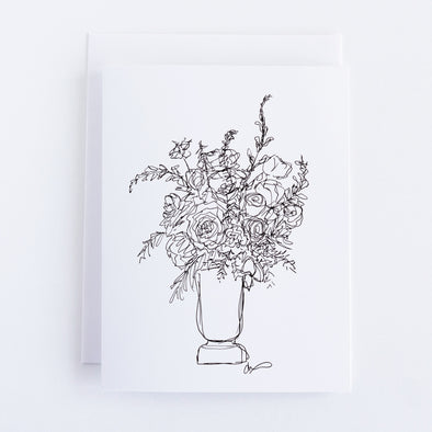 Black and white notecards with flowing floral bouquet in a classic pedestal vase