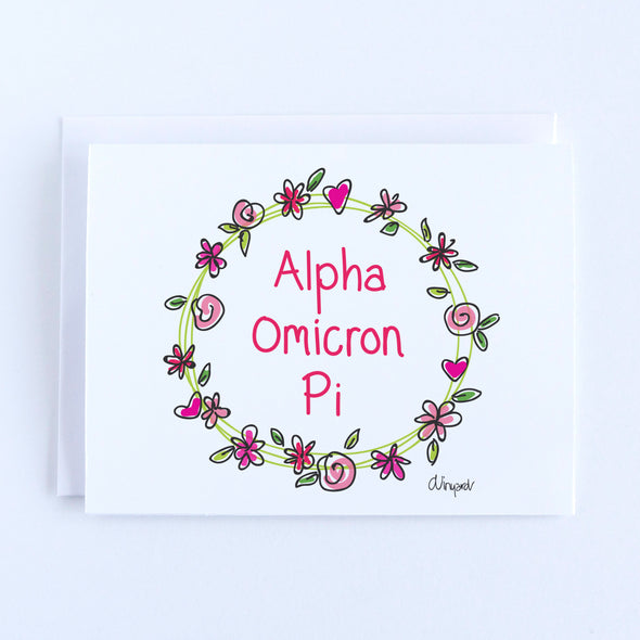 Alpha Omicron Pi Flower and Heart Wreath Sorority Notecard Set