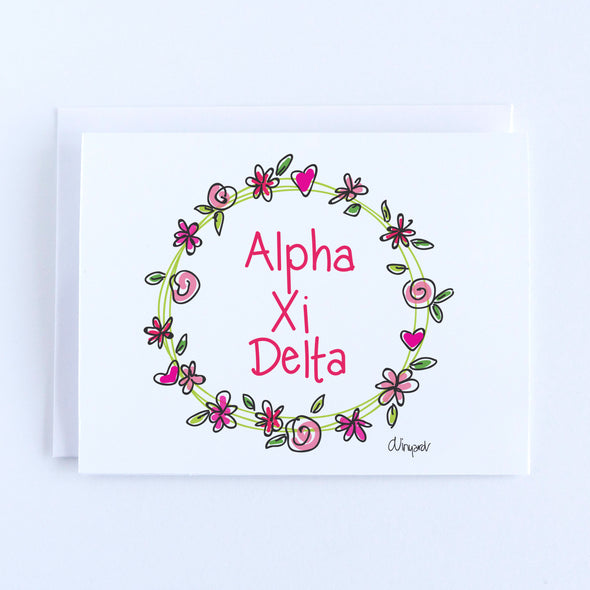 Alpha Xi Delta Flower and Heart Wreath Sorority Notecard Set