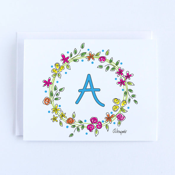 Personalized Initial Bright Flower Wreath Notecard Set