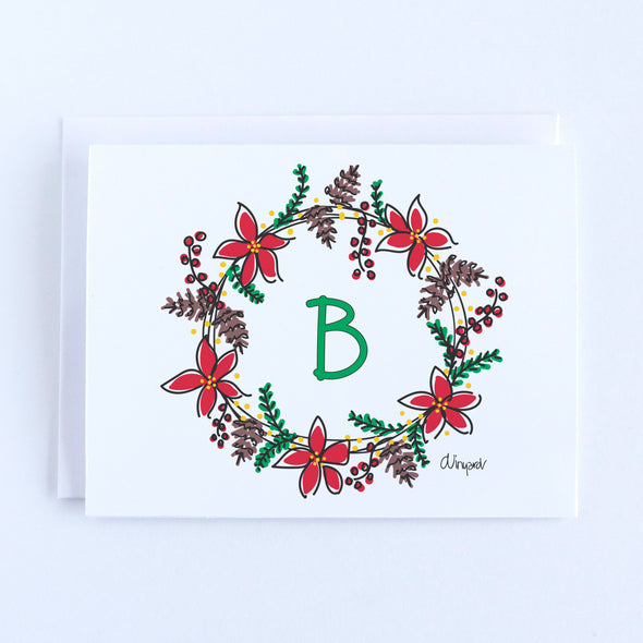Personalized Initial Christmas Wreath with Poinsettias and Pinecones Notecard Set