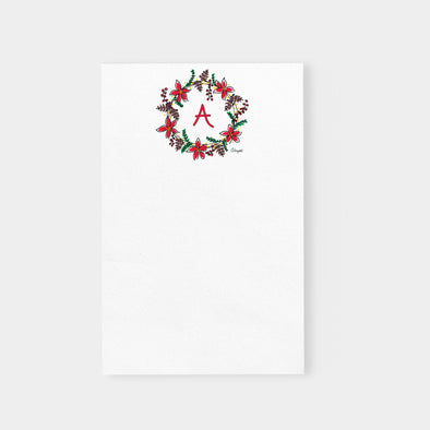 Personalized Initial Christmas Wreath with Poinsettias and Pinecones Notepad