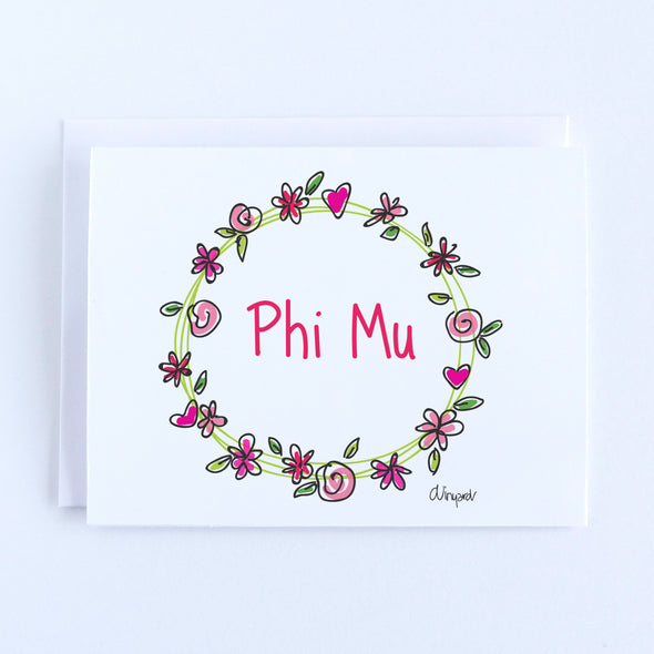 Phi Mu Flower and Heart Wreath Sorority Notecard Set