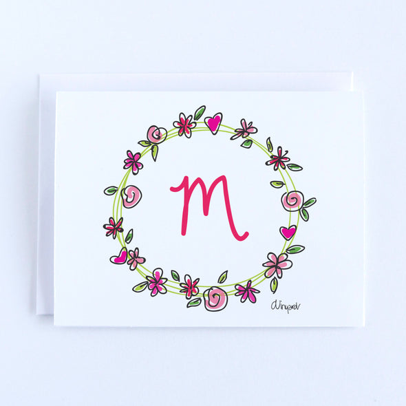 Personalized Initial Flower and Heart Wreath Notecard Set